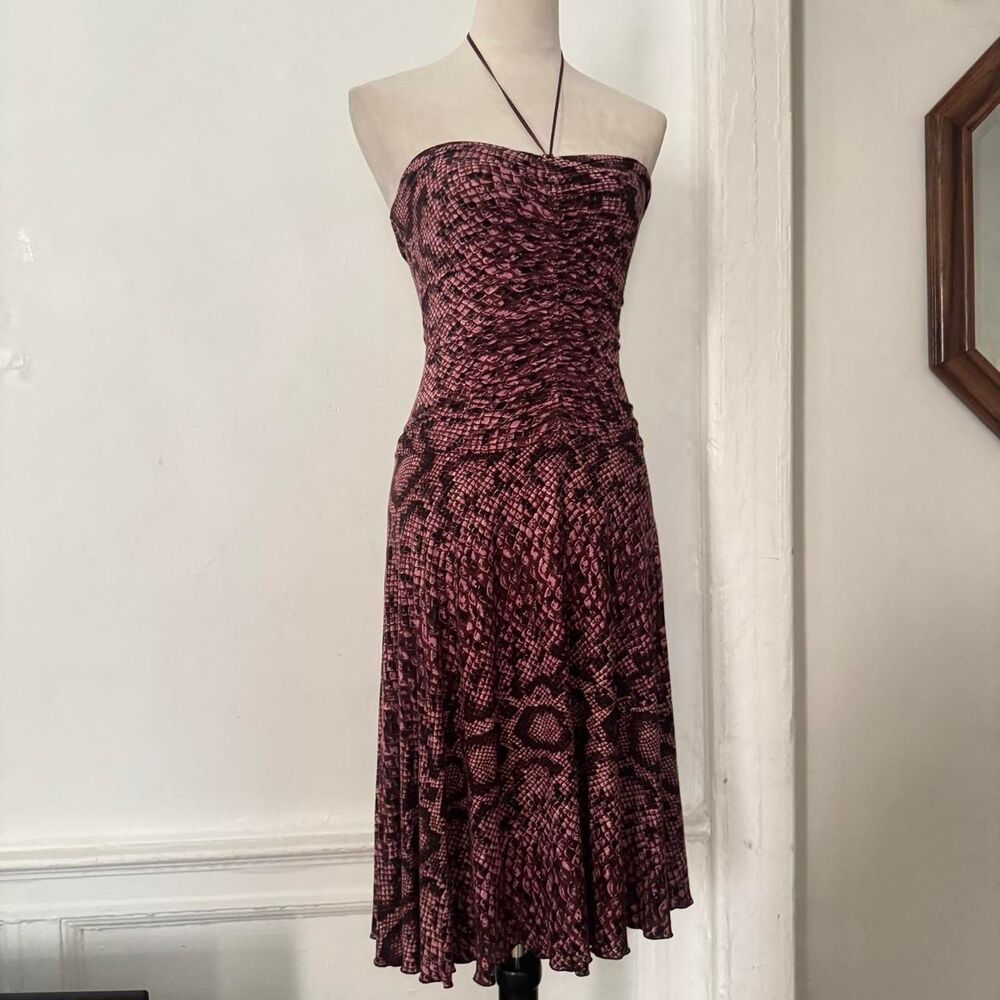 Vintage Betsey Johnson Pink & Brown Sleeveless Snake Print Halter Midi Dress XS